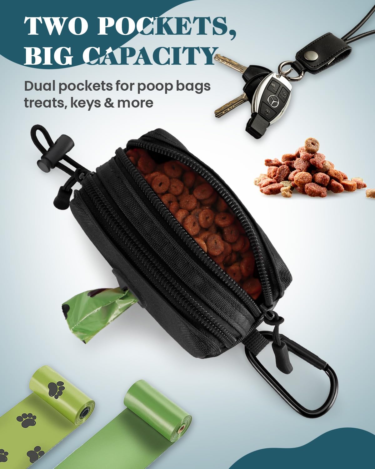 Dog Poop Bag Holder for Leashes, Black Doggie Waste Bag Dispenser and Treat Holder, with Carabiner Hook and Poop Bag Clip, Used